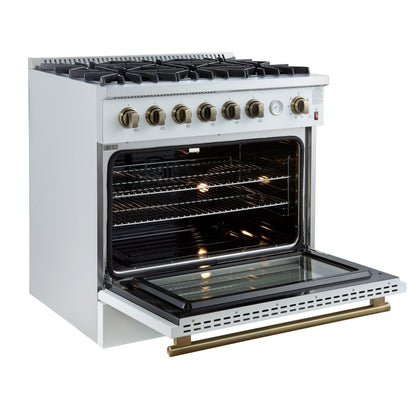 Forno Marco 36-Inch Gas Range, 5.36 cu. ft. Oven, 6 Sealed Burners, Temperature Gauge, White with Antique Brass Accents (FFSGS6277-36WHT)
