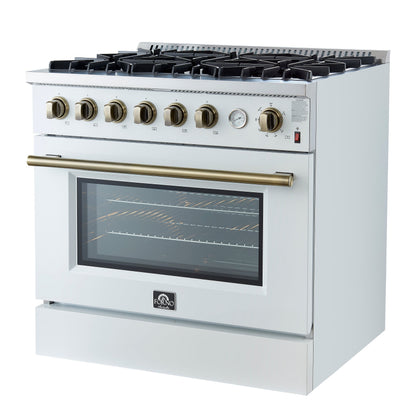 Forno Marco 36-Inch Gas Range, 5.36 cu. ft. Oven, 6 Sealed Burners, Temperature Gauge, White with Antique Brass Accents (FFSGS6277-36WHT)