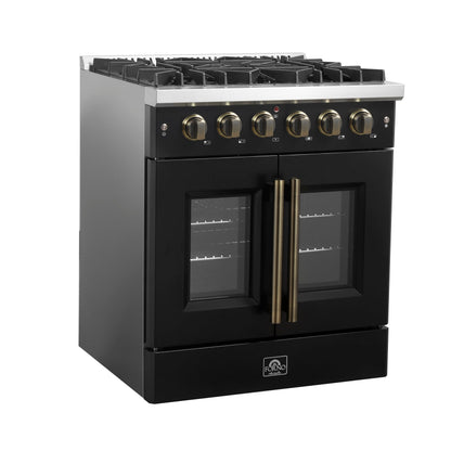 Forno Galiano 30-Inch Gas Range, 4.32 cu. ft. French Door Oven, 5 Sealed Burners, Black with Antique Brass Accents (Model FFSGS6444-30BLK)