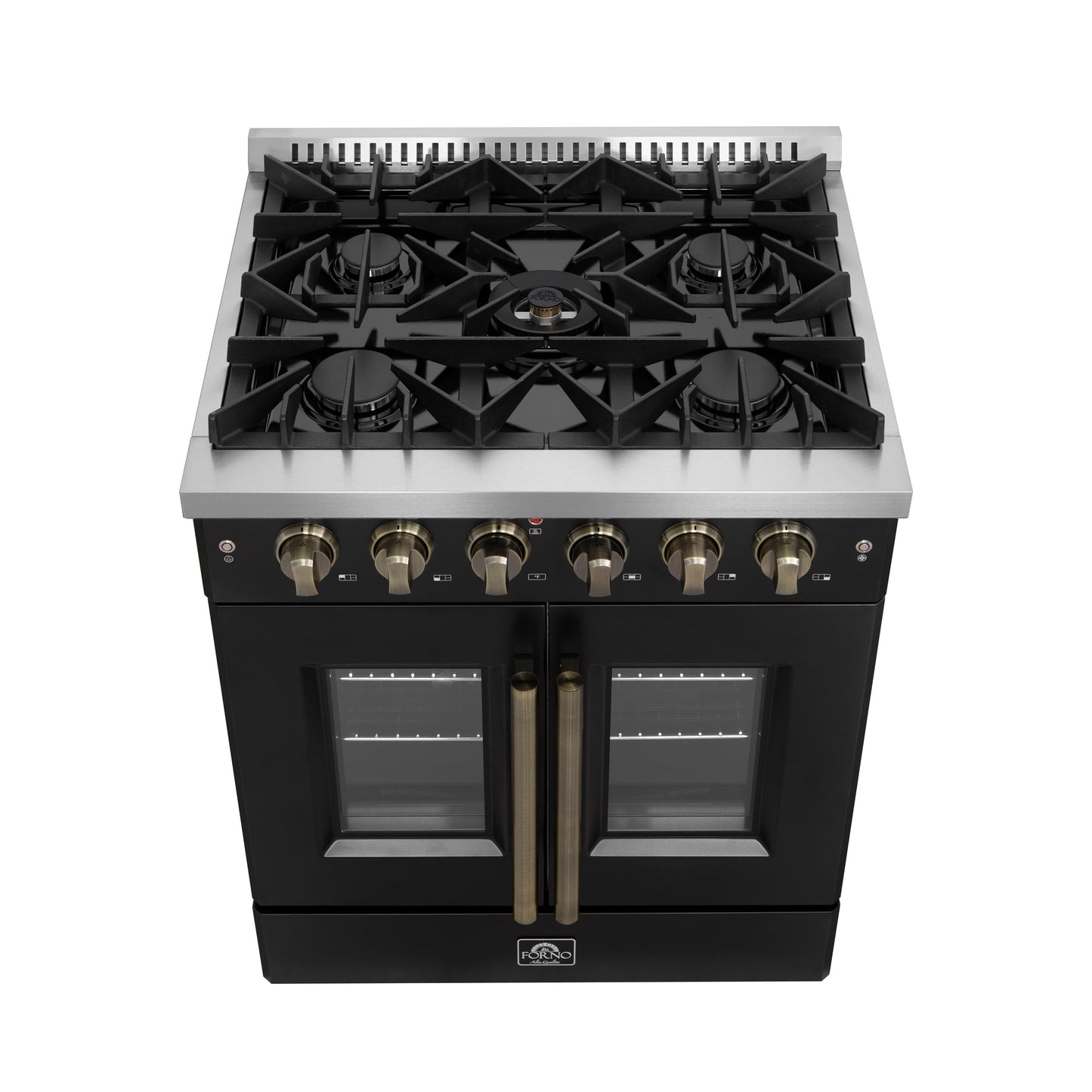 Forno Galiano 30-Inch Gas Range, 4.32 cu. ft. French Door Oven, 5 Sealed Burners, Black with Antique Brass Accents (Model FFSGS6444-30BLK)