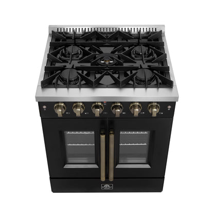 Forno Galiano 30-Inch Gas Range, 4.32 cu. ft. French Door Oven, 5 Sealed Burners, Black with Antique Brass Accents (Model FFSGS6444-30BLK)