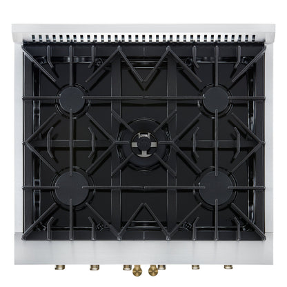 FORNO Galiano 30" French Door Gas Range, 4.32 cu. ft. Oven, 5 Sealed Burners, White Finish with Antique Brass Accents (Model FFSGS6444-30WHT)