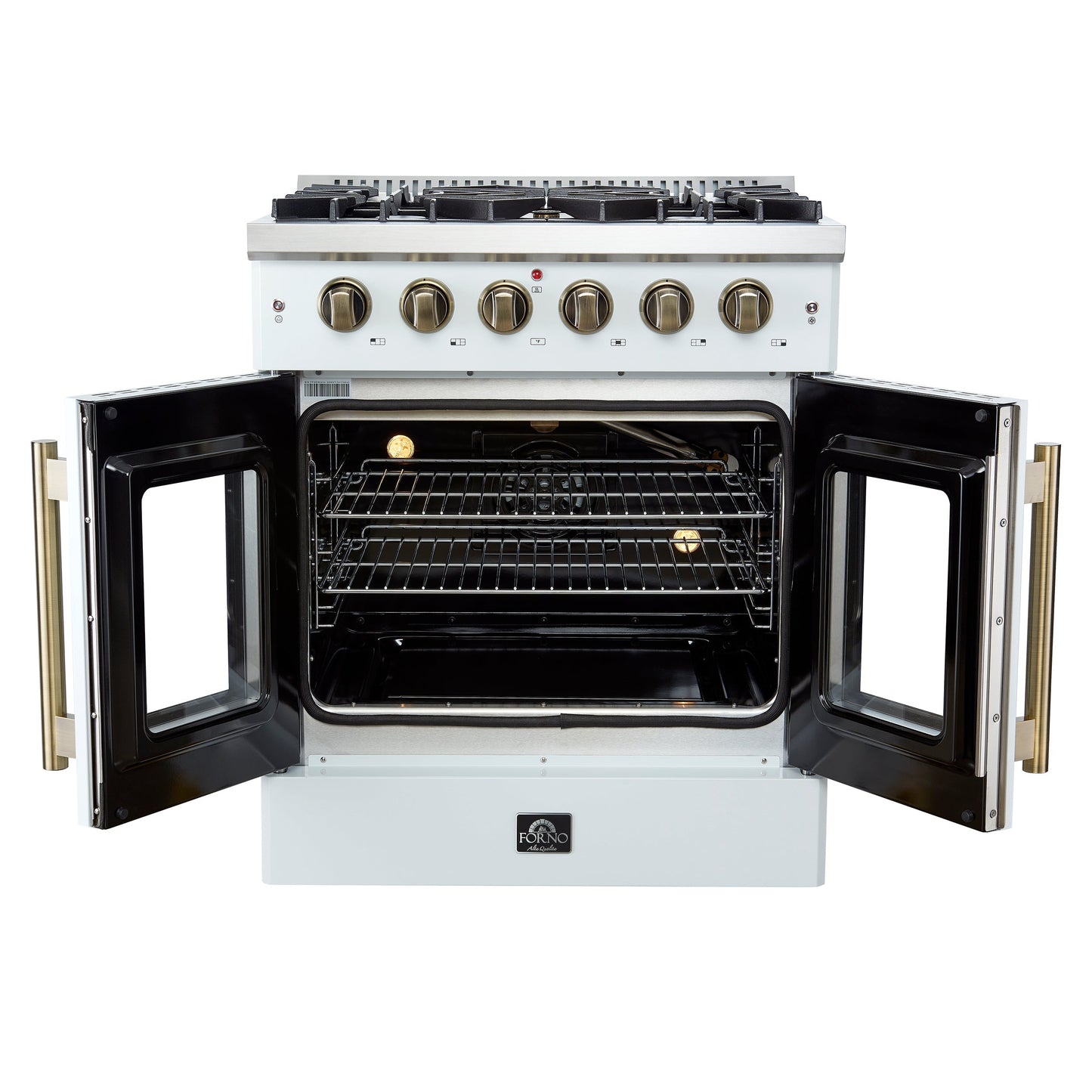 FORNO Galiano 30" French Door Gas Range, 4.32 cu. ft. Oven, 5 Sealed Burners, White Finish with Antique Brass Accents (Model FFSGS6444-30WHT)