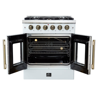 FORNO Galiano 30" French Door Gas Range, 4.32 cu. ft. Oven, 5 Sealed Burners, White Finish with Antique Brass Accents (Model FFSGS6444-30WHT)