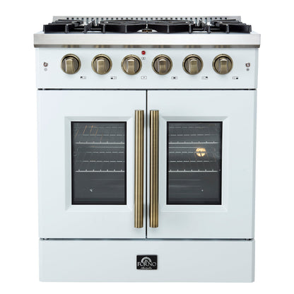FORNO Galiano 30" French Door Gas Range, 4.32 cu. ft. Oven, 5 Sealed Burners, White Finish with Antique Brass Accents (Model FFSGS6444-30WHT)