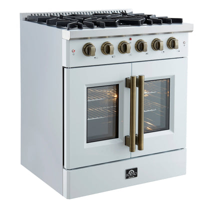 FORNO Galiano 30" French Door Gas Range, 4.32 cu. ft. Oven, 5 Sealed Burners, White Finish with Antique Brass Accents (Model FFSGS6444-30WHT)