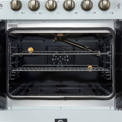 FORNO Galiano 30" French Door Gas Range, 4.32 cu. ft. Oven, 5 Sealed Burners, White Finish with Antique Brass Accents (Model FFSGS6444-30WHT)