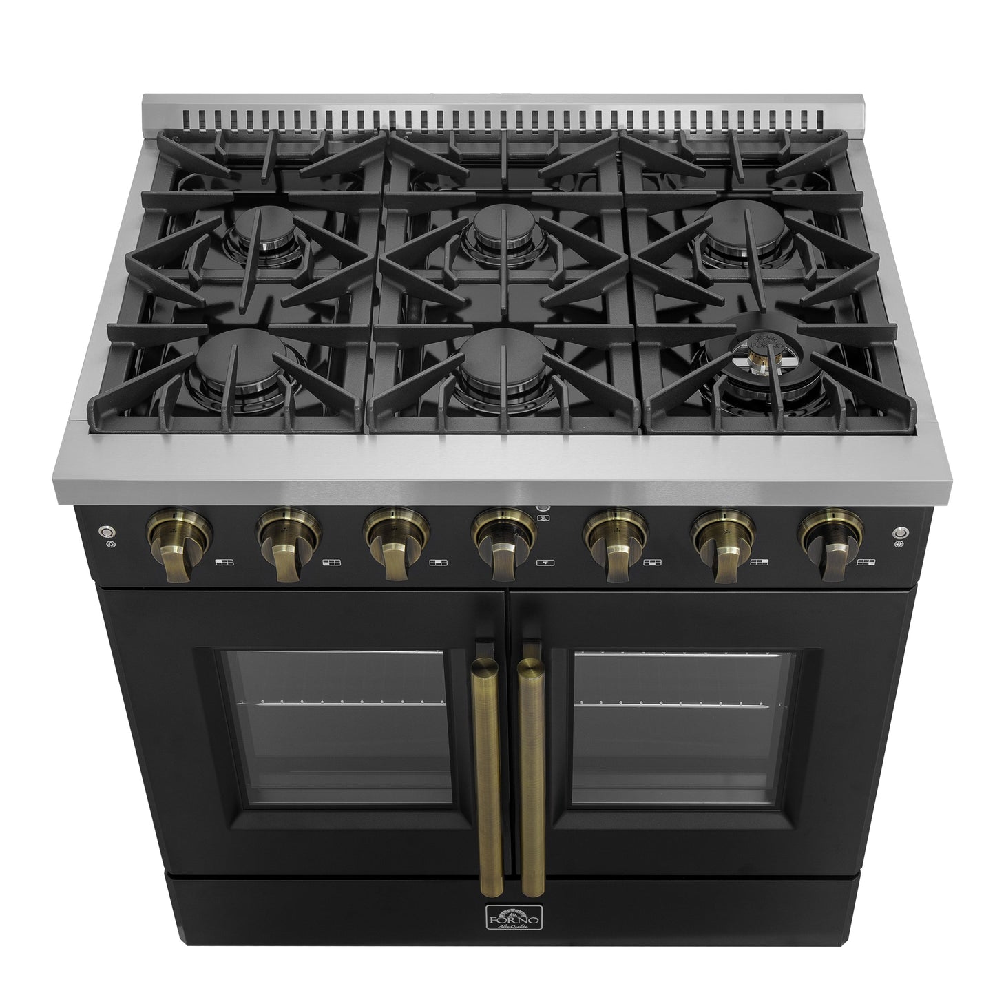 Forno Galiano 36-Inch French Door Gas Range, 5.36 cu. ft. Oven, 6 Sealed Burners, Black with Antique Brass Accents (Model FFSGS6444-36BLK)