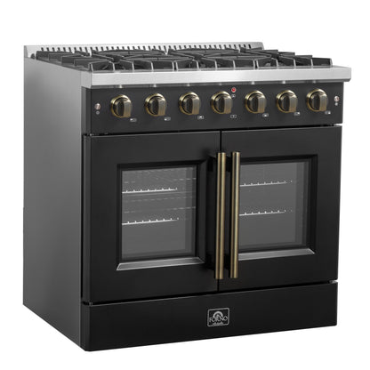 Forno Galiano 36-Inch French Door Gas Range, 5.36 cu. ft. Oven, 6 Sealed Burners, Black with Antique Brass Accents (Model FFSGS6444-36BLK)