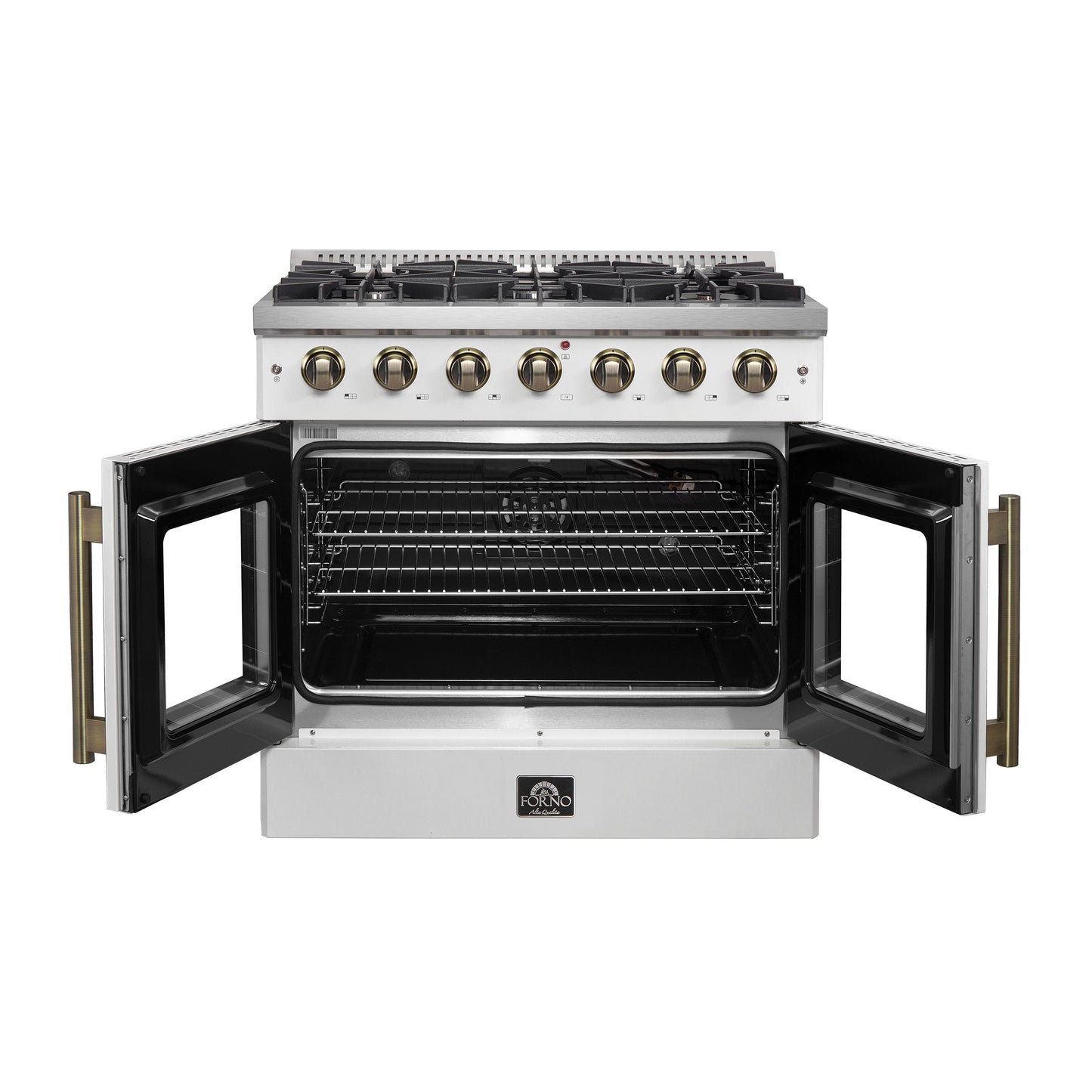 Forno Galiano 36-Inch French Door Gas Range, 5.36 cu. ft. Oven, 6 Sealed Burners, White with Antique Brass Accents (Model FFSGS6444-36WHT)