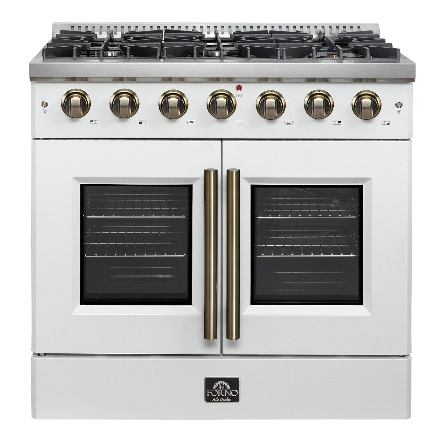 Forno Galiano 36-Inch French Door Gas Range, 5.36 cu. ft. Oven, 6 Sealed Burners, White with Antique Brass Accents (Model FFSGS6444-36WHT)