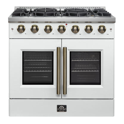 Forno Galiano 36-Inch French Door Gas Range, 5.36 cu. ft. Oven, 6 Sealed Burners, White with Antique Brass Accents (Model FFSGS6444-36WHT)