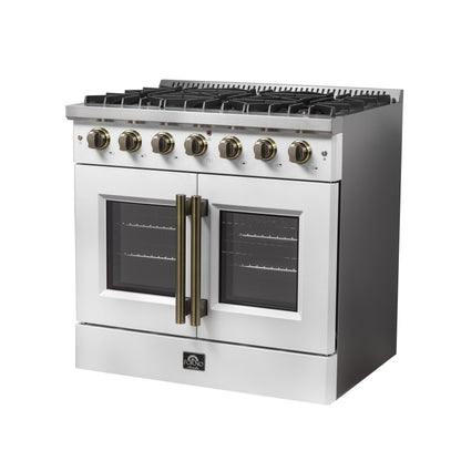 Forno Galiano 36-Inch French Door Gas Range, 5.36 cu. ft. Oven, 6 Sealed Burners, White with Antique Brass Accents (Model FFSGS6444-36WHT)