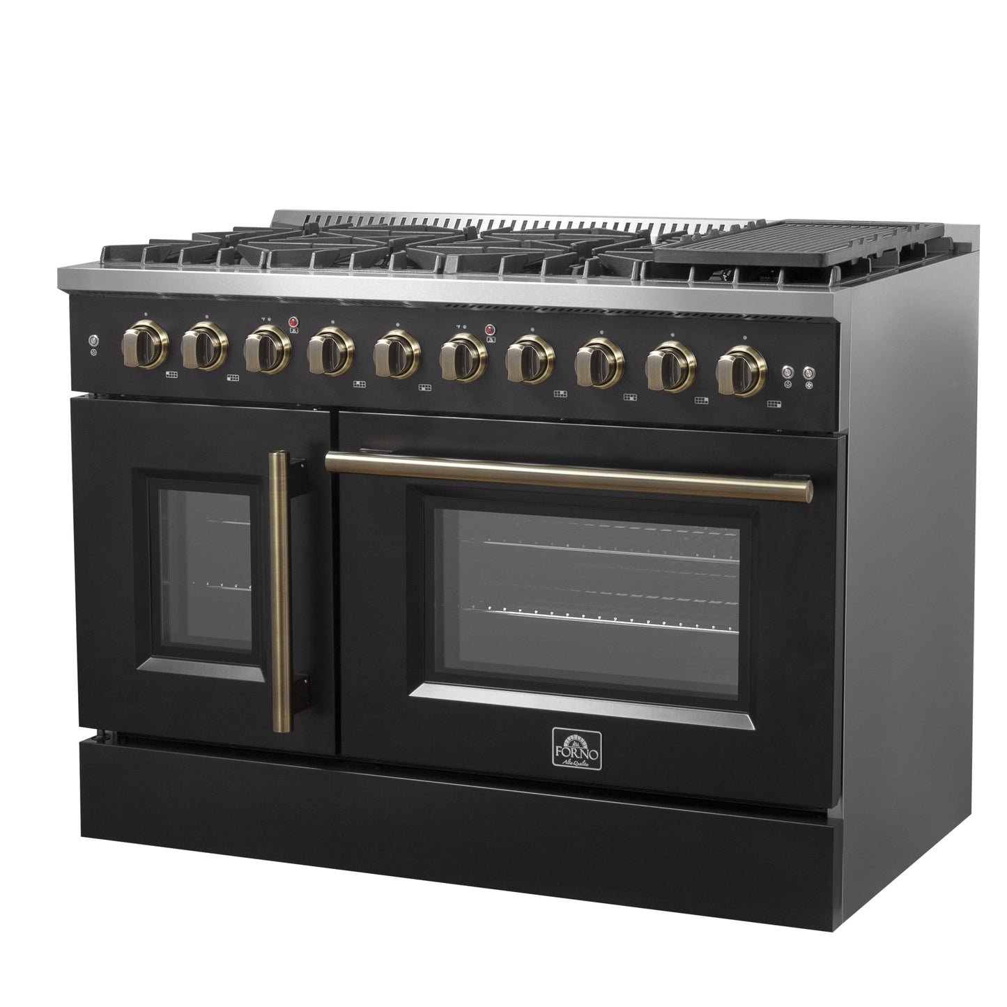 Forno Galiano 48-Inch Gas Range with French Door, 8 Sealed Burners and Griddle, 6.58 cu. ft. Oven, Black with Antique Brass Accents (Model FFSGS6444-48BLK)