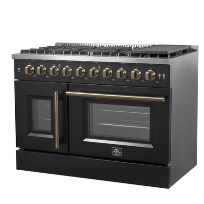Forno Galiano 48-Inch Gas Range with French Door, 8 Sealed Burners and Griddle, 6.58 cu. ft. Oven, Black with Antique Brass Accents (Model FFSGS6444-48BLK)