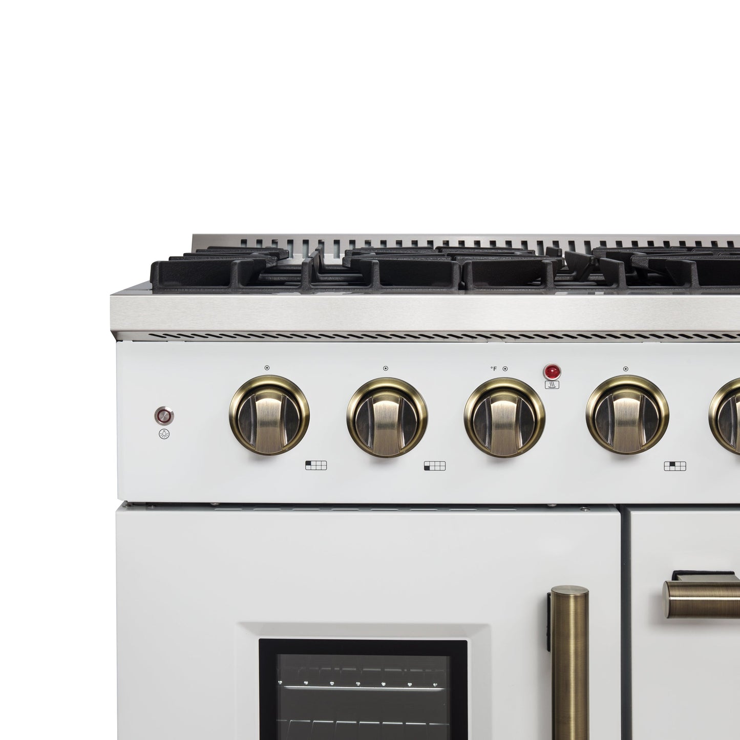 Forno Galiano 48-Inch French Door Gas Range, 6.58 cu. ft., 8 Sealed Burners with Griddle, White with Antique Brass Accents (Model FFSGS6444-48WHT)
