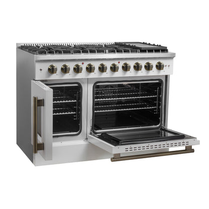 Forno Galiano 48-Inch French Door Gas Range, 6.58 cu. ft., 8 Sealed Burners with Griddle, White with Antique Brass Accents (Model FFSGS6444-48WHT)