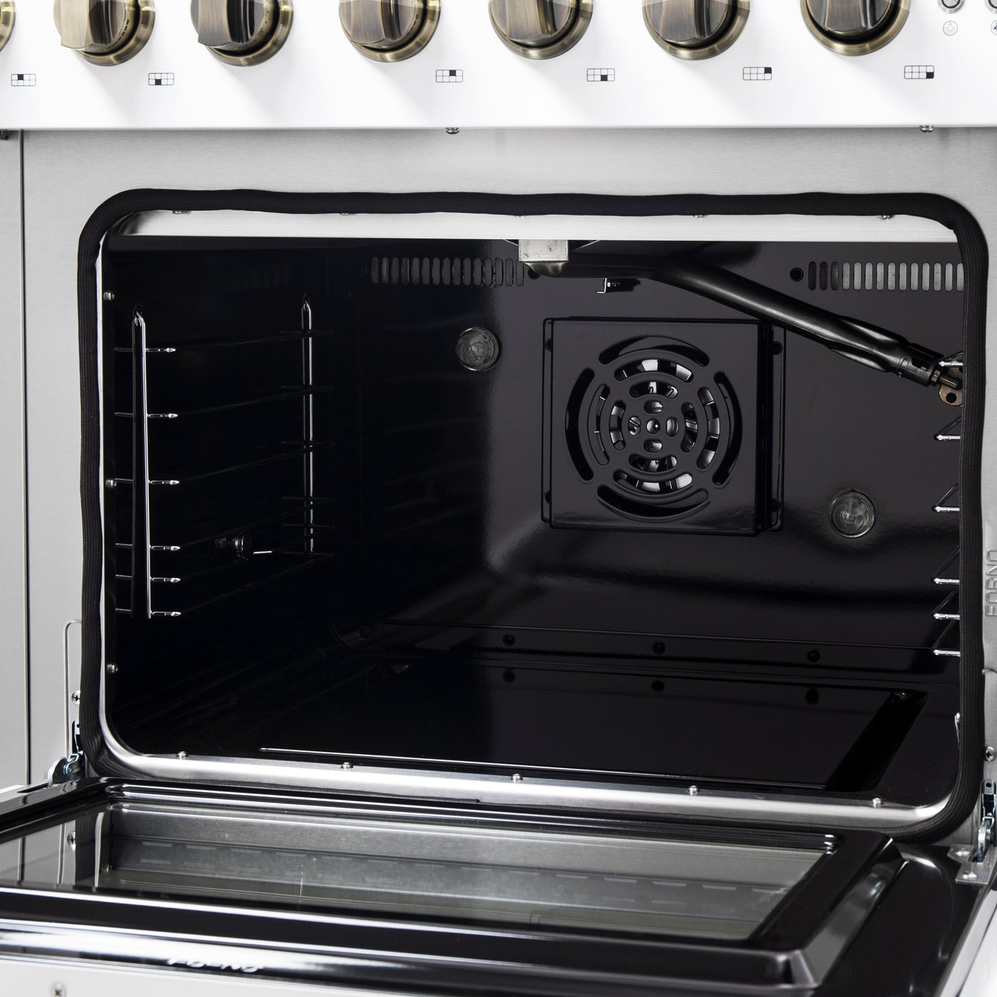 Forno Galiano 48-Inch French Door Gas Range, 6.58 cu. ft., 8 Sealed Burners with Griddle, White with Antique Brass Accents (Model FFSGS6444-48WHT)