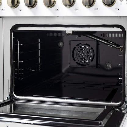 Forno Galiano 48-Inch French Door Gas Range, 6.58 cu. ft., 8 Sealed Burners with Griddle, White with Antique Brass Accents (Model FFSGS6444-48WHT)