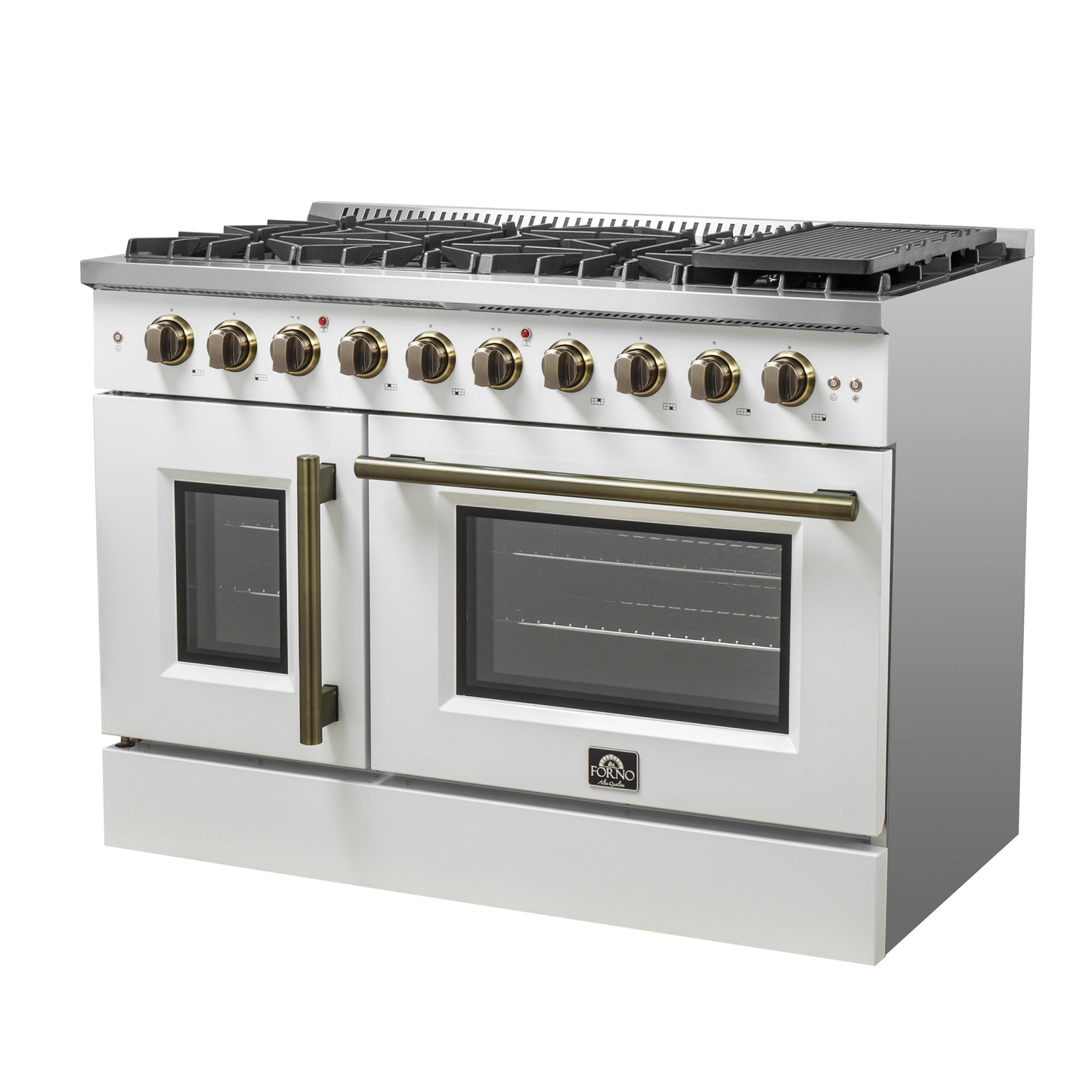 Forno Galiano 48-Inch French Door Gas Range, 6.58 cu. ft., 8 Sealed Burners with Griddle, White with Antique Brass Accents (Model FFSGS6444-48WHT)