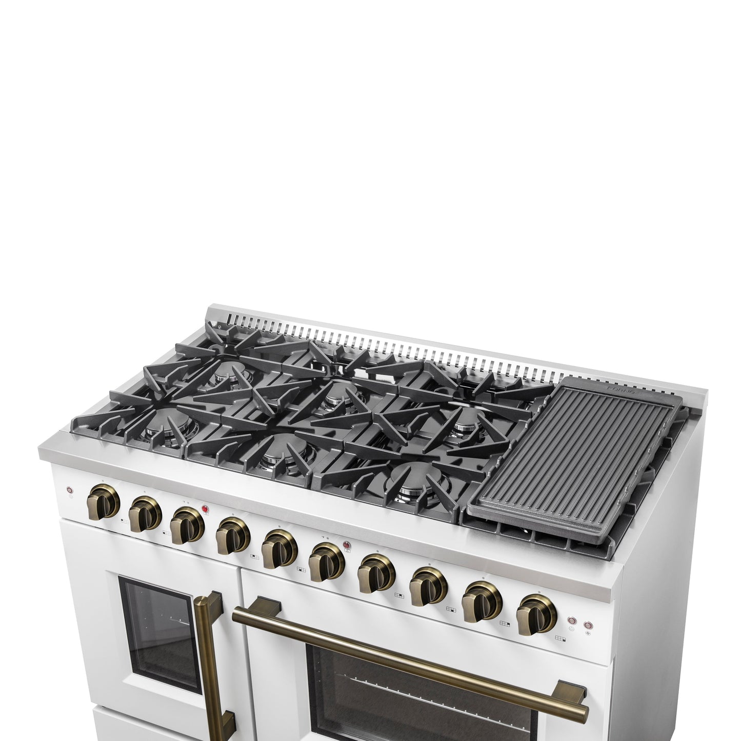 Forno Galiano 48-Inch French Door Gas Range, 6.58 cu. ft., 8 Sealed Burners with Griddle, White with Antique Brass Accents (Model FFSGS6444-48WHT)