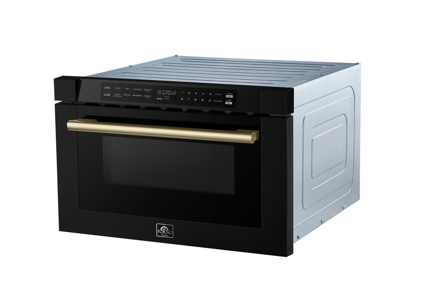 FORNO Capoliveri 24-Inch Built-In Microwave Drawer, 1.2 cu. ft., Black with Antique Brass Handle (Model FMWDR3000-24BLK)