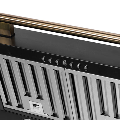 Forno Aria 30-Inch Wall-Mounted Convertible Range Hood, 600 CFM, Black with Antique Brass Accents (Model FRHWM5095-30BLK)