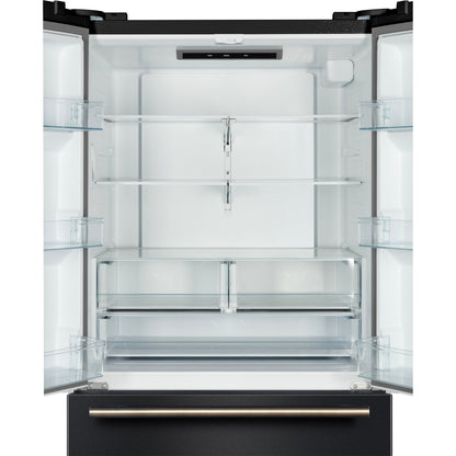 Forno Rivello 36-Inch French Door Refrigerator, Standard Depth, Water & Ice Dispenser, Black with Antique Brass Accents (Model FFFFD1783-36BLK)