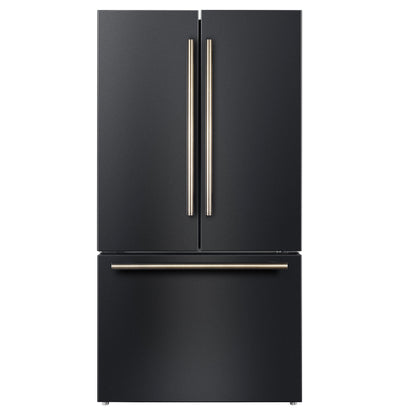 Forno Rivello 36-Inch French Door Refrigerator, Standard Depth, Water & Ice Dispenser, Black with Antique Brass Accents (Model FFFFD1783-36BLK)