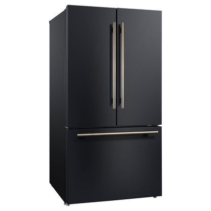 Forno Rivello 36-Inch French Door Refrigerator, Standard Depth, Water & Ice Dispenser, Black with Antique Brass Accents (Model FFFFD1783-36BLK)