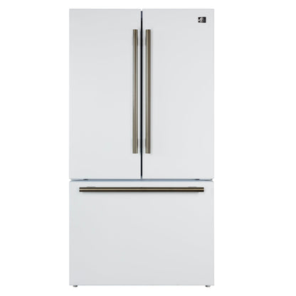 FORNO Rivello 36 in French Door Refrigerator, Standard Depth, Water & Ice Dispenser, White with Antique Brass Handles (Model FFFFD1783-36WHT)