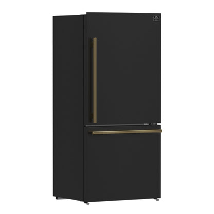 Forno Espresso Milano 31-Inch French Door Refrigerator with Bottom Freezer, 17.2 cu ft, Right-Hinged, Black with Antique Brass Handles (Model FFFFD1785-31BLK)