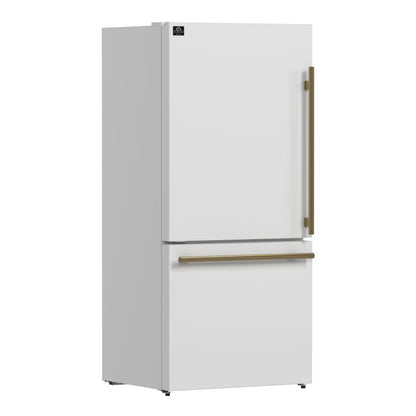 Forno Espresso Milano 31-Inch French Door Refrigerator with Bottom Freezer, 17.2 cu. ft., Left Swing, Ice Maker, White Finish with Antique Brass Handles (Model FFFFD1786-31WHT)