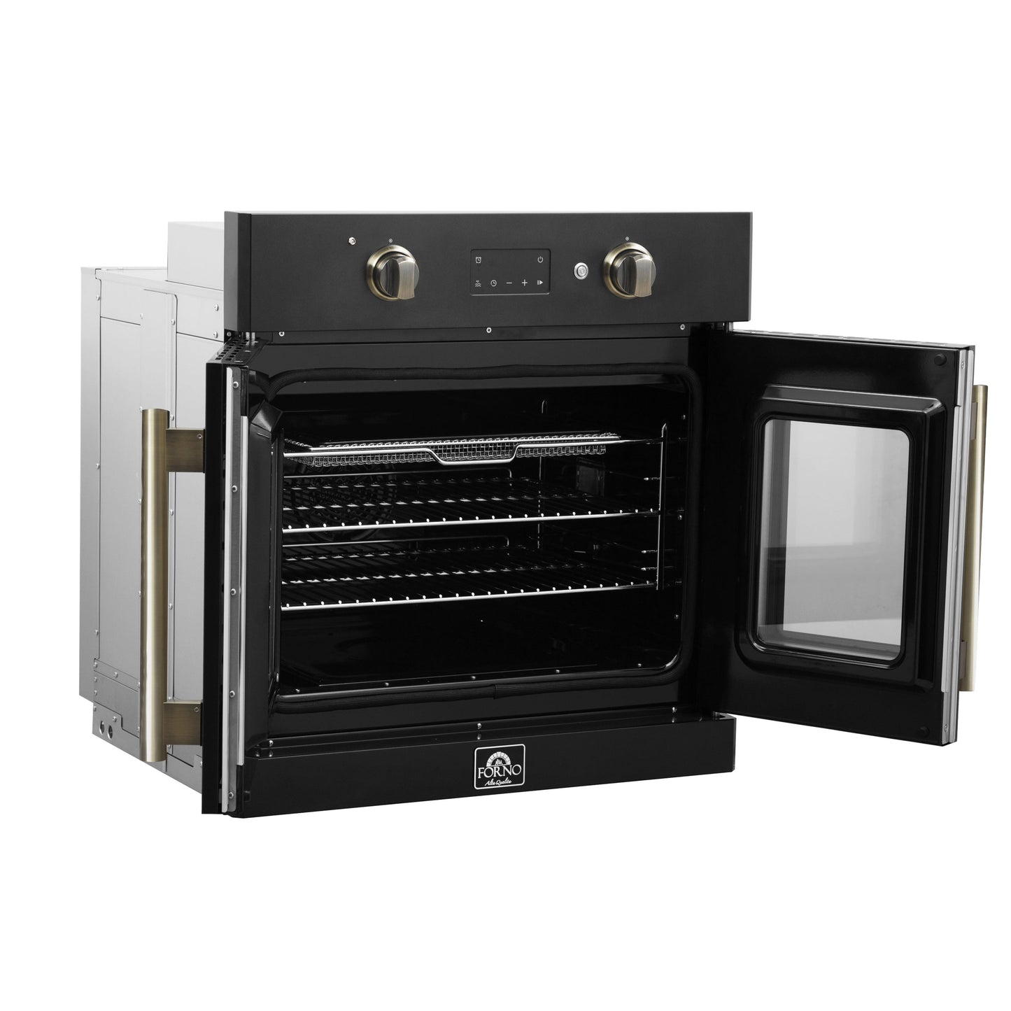 FORNO Asti 30-Inch French Door Electric Wall Oven, 3.58 Cu. Ft., Air Fry, Self-Clean, Sous Vide, Black with Antique Brass Accents (FBOEL1333-30BLK)