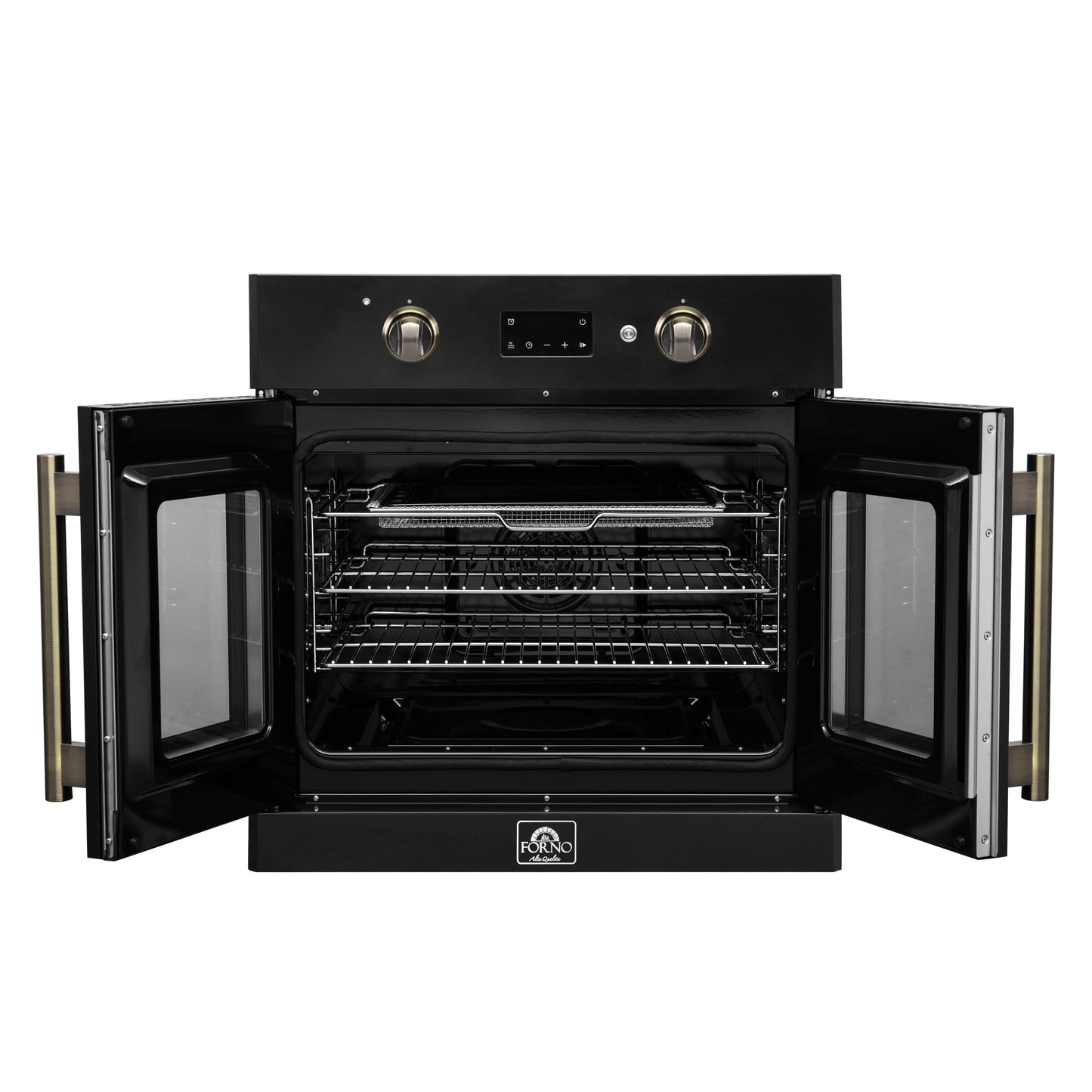 FORNO Asti 30-Inch French Door Electric Wall Oven, 3.58 Cu. Ft., Air Fry, Self-Clean, Sous Vide, Black with Antique Brass Accents (FBOEL1333-30BLK)