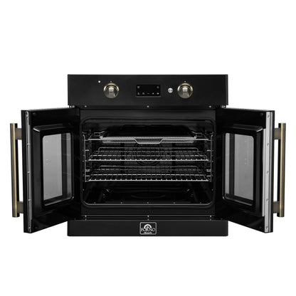 FORNO Asti 30-Inch French Door Electric Wall Oven, 3.58 Cu. Ft., Air Fry, Self-Clean, Sous Vide, Black with Antique Brass Accents (FBOEL1333-30BLK)