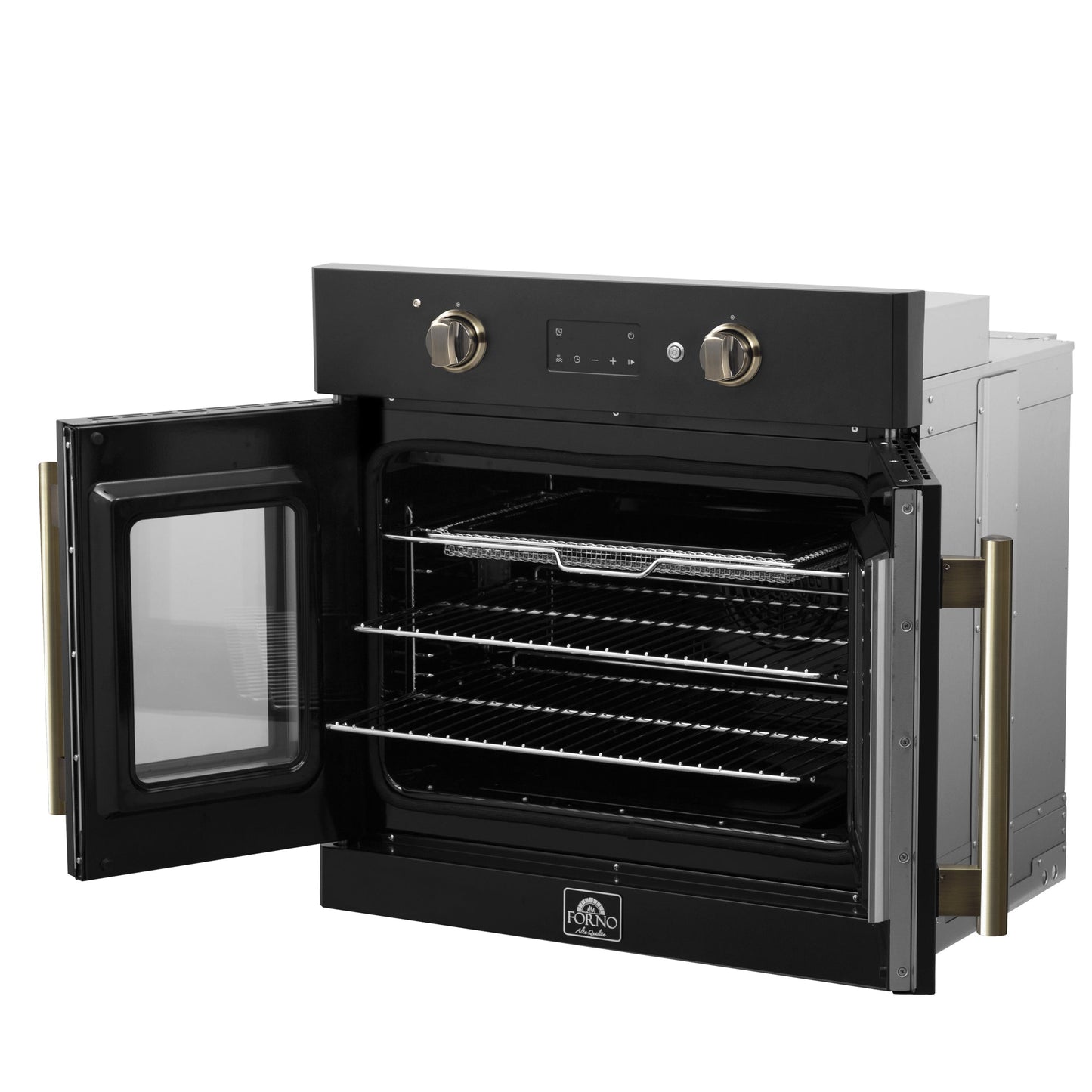 FORNO Asti 30-Inch French Door Electric Wall Oven, 3.58 Cu. Ft., Air Fry, Self-Clean, Sous Vide, Black with Antique Brass Accents (FBOEL1333-30BLK)