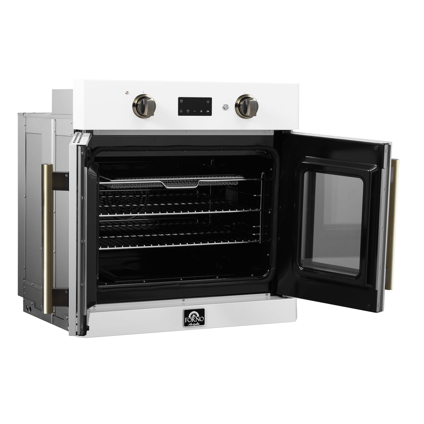 FORNO Asti 30-Inch Electric Wall Oven, 3.58 cu ft, French Door, Air Fry, Sous Vide, Self-Clean, White with Antique Brass Accents (FBOEL1333-30WHT)