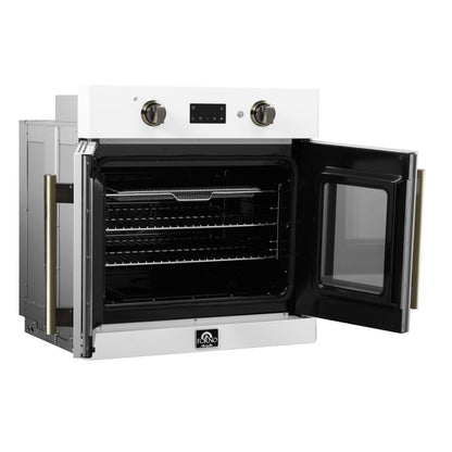 FORNO Asti 30-Inch Electric Wall Oven, 3.58 cu ft, French Door, Air Fry, Sous Vide, Self-Clean, White with Antique Brass Accents (FBOEL1333-30WHT)