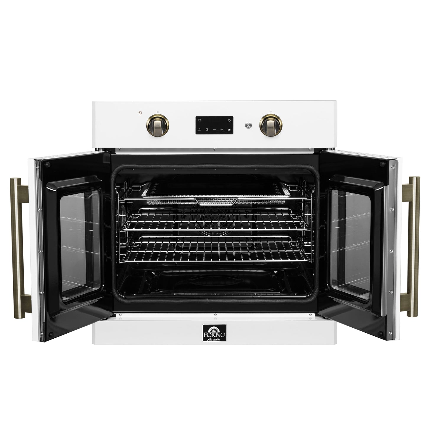 FORNO Asti 30-Inch Electric Wall Oven, 3.58 cu ft, French Door, Air Fry, Sous Vide, Self-Clean, White with Antique Brass Accents (FBOEL1333-30WHT)