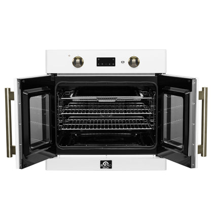 FORNO Asti 30-Inch Electric Wall Oven, 3.58 cu ft, French Door, Air Fry, Sous Vide, Self-Clean, White with Antique Brass Accents (FBOEL1333-30WHT)
