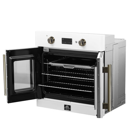 FORNO Asti 30-Inch Electric Wall Oven, 3.58 cu ft, French Door, Air Fry, Sous Vide, Self-Clean, White with Antique Brass Accents (FBOEL1333-30WHT)
