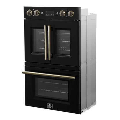 FORNO Asti 30-Inch Double Electric Wall Oven, 7.36 Cu. Ft., French Door, Air Fry, Self-Clean, Sous Vide, Black with Antique Brass Accents (FBOEL1340-30BLK)