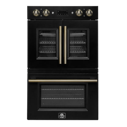 FORNO Asti 30-Inch Double Electric Wall Oven, 7.36 Cu. Ft., French Door, Air Fry, Self-Clean, Sous Vide, Black with Antique Brass Accents (FBOEL1340-30BLK)