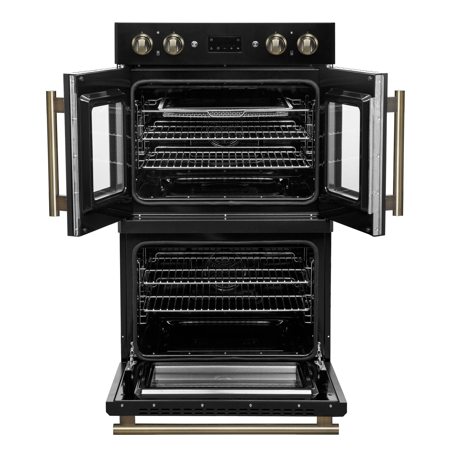 FORNO Asti 30-Inch Double Electric Wall Oven, 7.36 Cu. Ft., French Door, Air Fry, Self-Clean, Sous Vide, Black with Antique Brass Accents (FBOEL1340-30BLK)