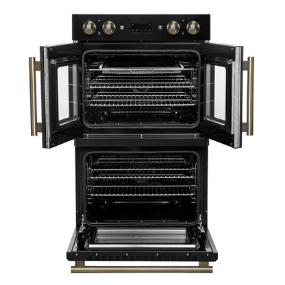 FORNO Asti 30-Inch Double Electric Wall Oven, 7.36 Cu. Ft., French Door, Air Fry, Self-Clean, Sous Vide, Black with Antique Brass Accents (FBOEL1340-30BLK)