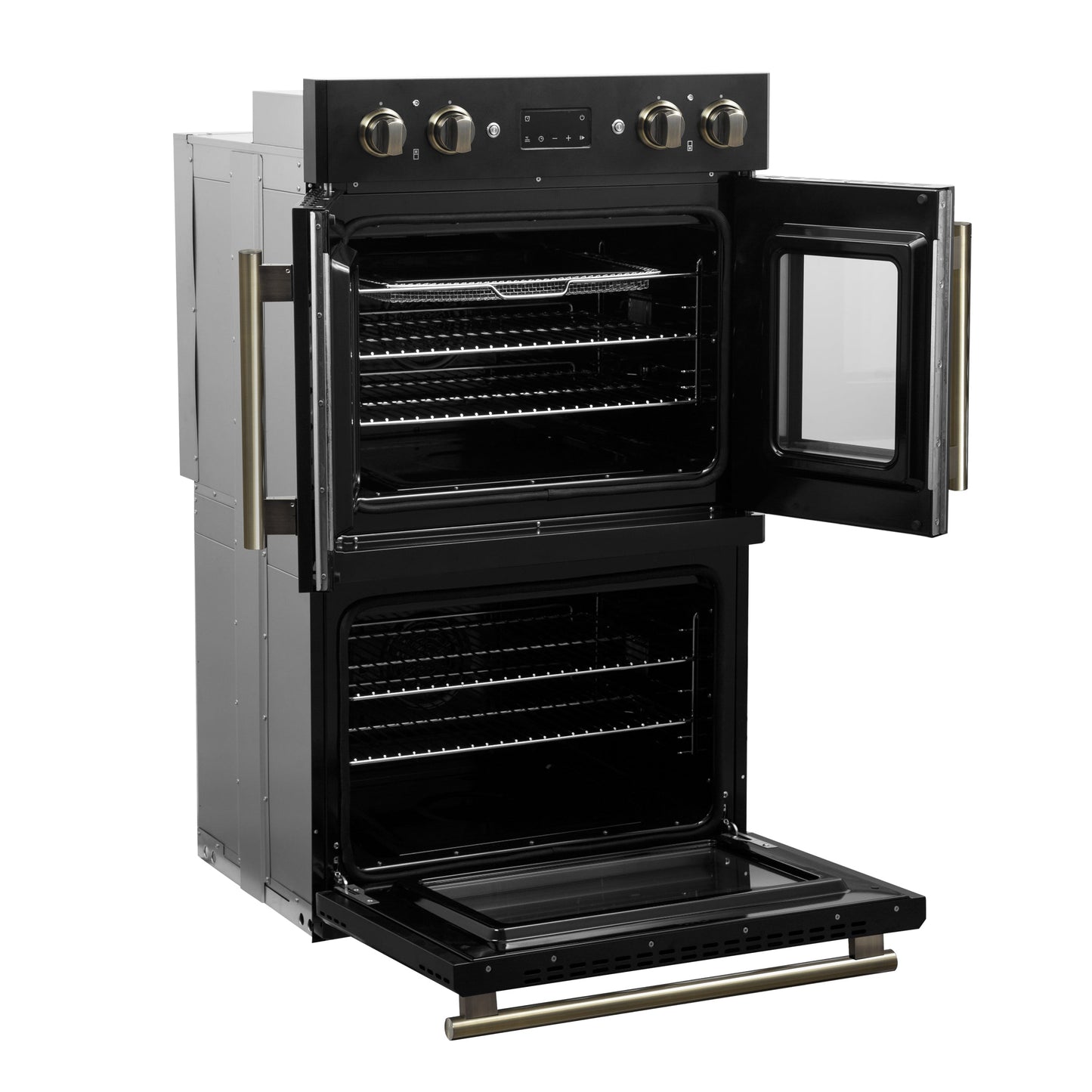 FORNO Asti 30-Inch Double Electric Wall Oven, 7.36 Cu. Ft., French Door, Air Fry, Self-Clean, Sous Vide, Black with Antique Brass Accents (FBOEL1340-30BLK)