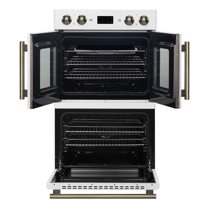 FORNO Asti 30-Inch French Door Double Electric Wall Oven, 7.36 cu. ft., Air Fry, Self-Clean, Sous Vide, White with Antique Brass Accents (FBOEL1340-30WHT)