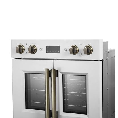 FORNO Asti 30-Inch French Door Double Electric Wall Oven, 7.36 cu. ft., Air Fry, Self-Clean, Sous Vide, White with Antique Brass Accents (FBOEL1340-30WHT)
