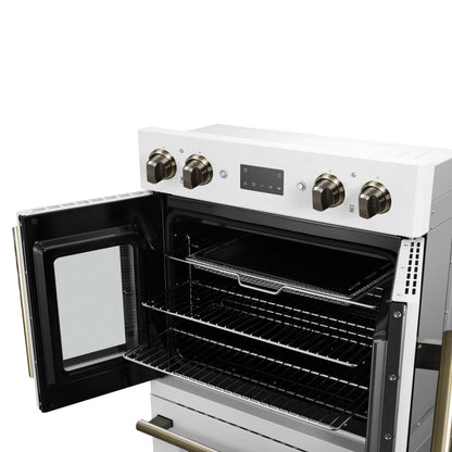 FORNO Asti 30-Inch French Door Double Electric Wall Oven, 7.36 cu. ft., Air Fry, Self-Clean, Sous Vide, White with Antique Brass Accents (FBOEL1340-30WHT)